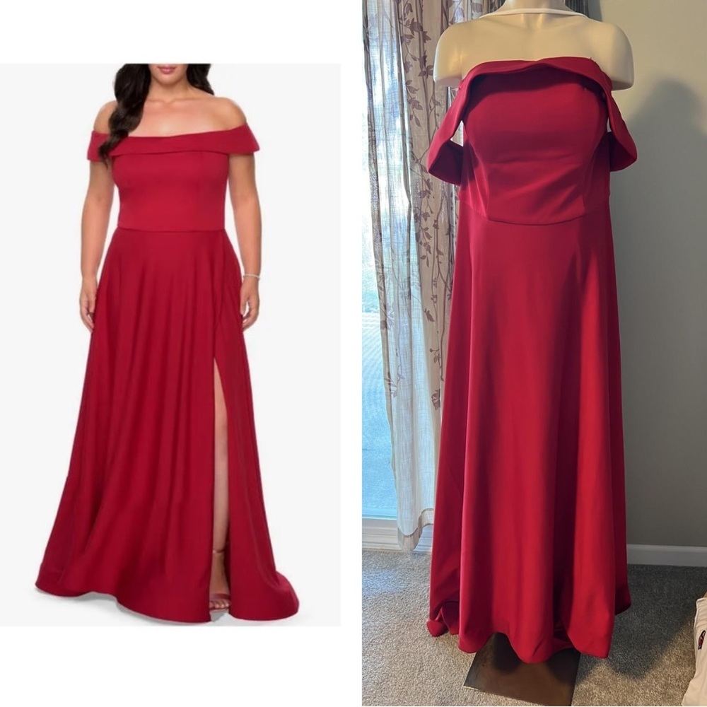 La Femme Curve Red Off The Shoulder Long Dress - Picture 1 of 15